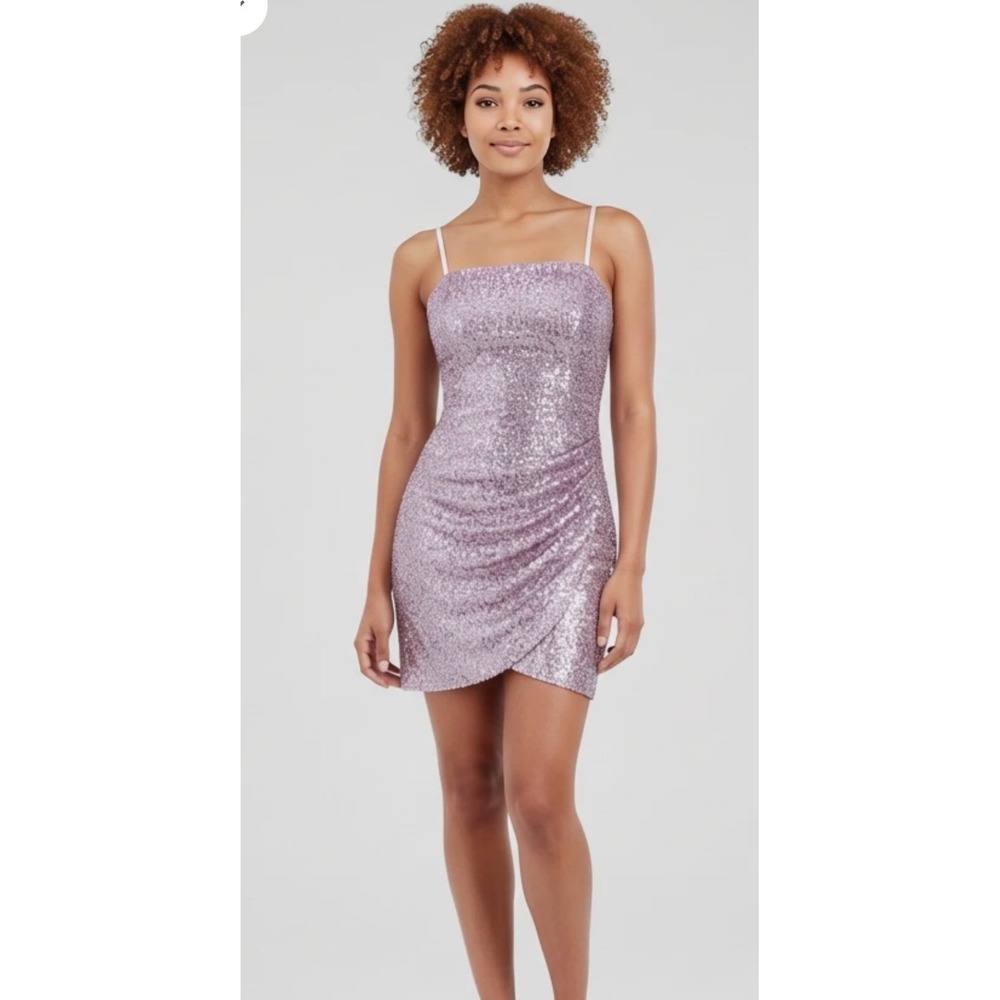 Pink Lavender Sequin Ruched Mini Dress Purple XL Square Neck Tulip Hem bra built